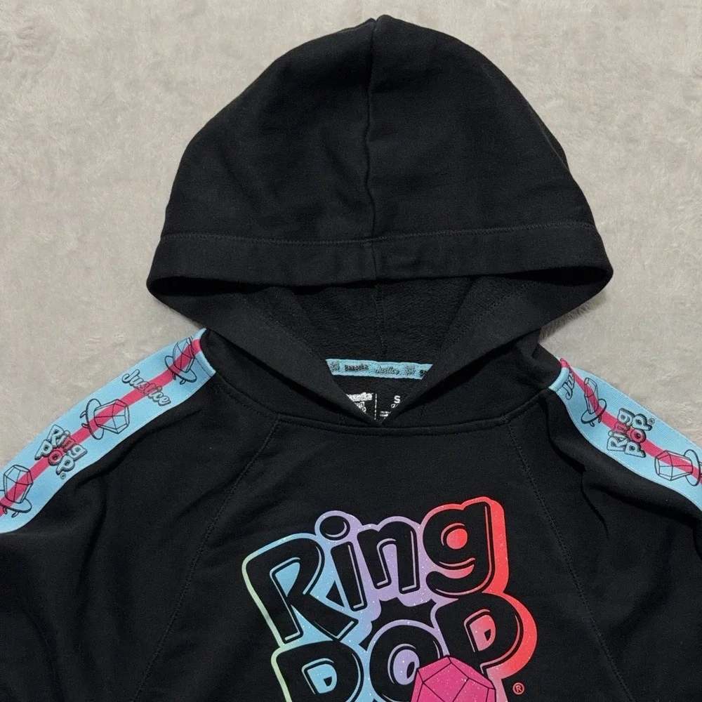 Justice Ring Pop Black Fleece Crop Hoodie Girls S 7-8 Sweatshirt Bazooka Candy